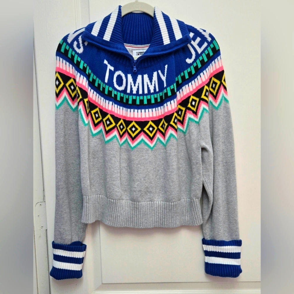 Tommy Hilfiger Logo Fair Isle Multicolor Half Zip Pullover Cuffed Sweater Sz XL